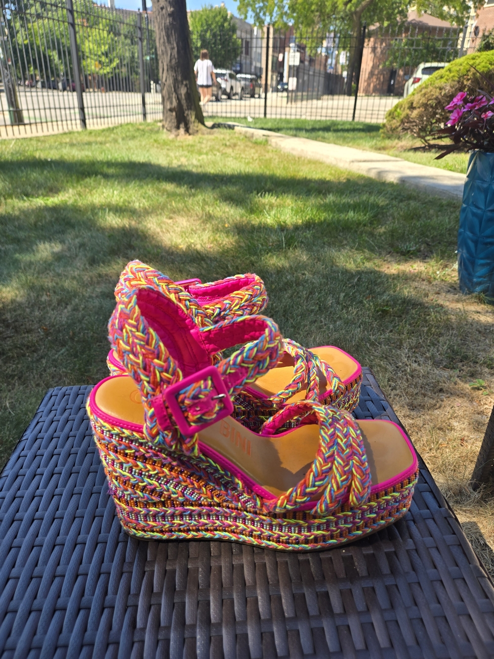 Gianni Bini Multicolor Braided Platform Wedge Sandals - Hot Pink Trim Wedges